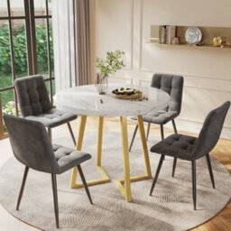 Abrihome 5-Piece Round Dining Set - 80Cm White Table W/gold Legs & 4 Grey Velvet Chairs, Modern Kitchen Table Set - thumbnail 1