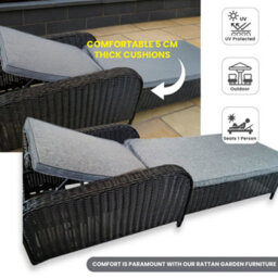 Nustone Rattan Sun Lounger Chair Bed With 5Cm Cushions, Garden, Patio And Terrace Furniture, 4 Reclining Positions In Black - thumbnail 2