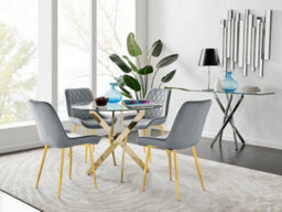 Furniturebox Uk 4 Seater Dining Set - Novara 100Cm Gold Round Glass Dining Table And Chairs - 4 Grey Velvet Pesaro Gold Chairs