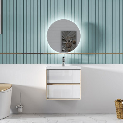 Sline 600mm Wall Mounted Bathroom Vanity Unit With Artificial Stone Basin,2 Soft Close Drawers For Storage,white,oak,flat Packed - image 1