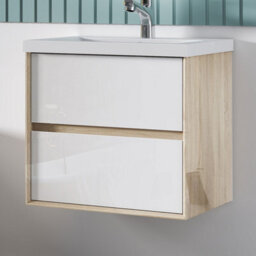 Sline 600mm Wall Mounted Bathroom Vanity Unit With Artificial Stone Basin,2 Soft Close Drawers For Storage,white,oak,flat Packed - thumbnail 4