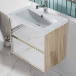 Sline 600mm Wall Mounted Bathroom Vanity Unit With Artificial Stone Basin,2 Soft Close Drawers For Storage,white,oak,flat Packed - thumbnail 5