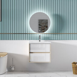 Sline 600mm Wall Mounted Bathroom Vanity Unit With Artificial Stone Basin,2 Soft Close Drawers For Storage,white,oak,flat Packed - thumbnail 1