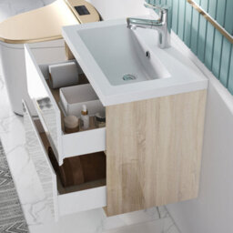 Sline 600mm Wall Mounted Bathroom Vanity Unit With Artificial Stone Basin,2 Soft Close Drawers For Storage,white,oak,flat Packed - thumbnail 6