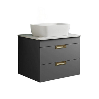 Belofay 600mm Wall Mounted Vanity Unit With Basin, 2 Soft Close Drawers, Modern Floating Design With White Wooden Worktop (Grey) - image 1