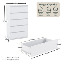 White  5 Drawer Chest Of Drawers Storage Cabinet Bedroom Furniture - thumbnail 2