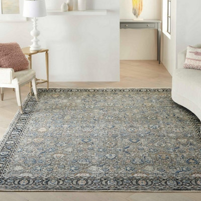 Grey/navy Traditional Luxurious Easy To Clean Bordered Floral Dining Room Bedroom And Living Room Rug -160Cm X 221Cm