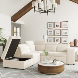 Valencia Finn Fabric Sectional Sofa Bed With Left Hand Storage Beige Hidden Storage Ottoman Two Extra Stools - thumbnail 5