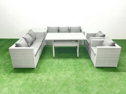 Fimous Rattan Garden Furniture Set Outdoor 8 Seater Patio Dinin G Sofa Sets Dining Table 2 Chairs Side Table Light Grey - thumbnail 2