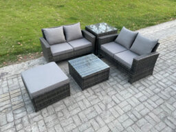 Fimous Rattan Garden Furniture Set 5 Piece Patio Rattan Furniture Sofa Includes 2 Double Seat Sofa, Coffee Table, Big Footstool - thumbnail 1