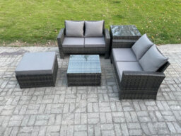 Fimous Rattan Garden Furniture Set 5 Piece Patio Rattan Furniture Sofa Includes 2 Double Seat Sofa, Coffee Table, Big Footstool - thumbnail 2