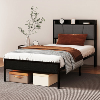 Levede Single Bed Frame Metal Platform Linen Upholstered Headboard Storage - image 1