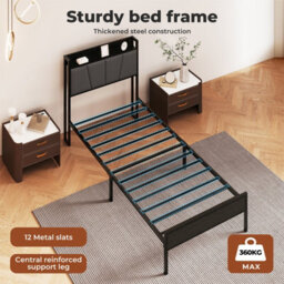 Levede Single Bed Frame Metal Platform Linen Upholstered Headboard Storage - thumbnail 7