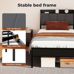 Levede Single Bed Frame Metal Platform Linen Upholstered Headboard Storage - thumbnail 6