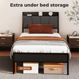Levede Single Bed Frame Metal Platform Linen Upholstered Headboard Storage - thumbnail 5