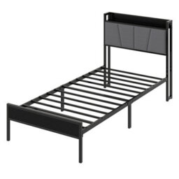 Levede Single Bed Frame Metal Platform Linen Upholstered Headboard Storage - thumbnail 2