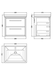 Hudson Reed Lille Wall Hung Two Drawer Contemporary Vanity Unit With 1 Tap Hole Basin In Bleached Oak, 630 X 471mm - thumbnail 3