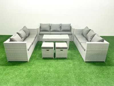 Fimous Rattan Garden Outdoor Furniture Set 11 Seater Garden Sofa Oblong Coffee Table Set 2 Small Stool Light Grey - image 1