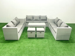 Fimous Rattan Garden Outdoor Furniture Set 11 Seater Garden Sofa Oblong Coffee Table Set 2 Small Stool Light Grey - thumbnail 1