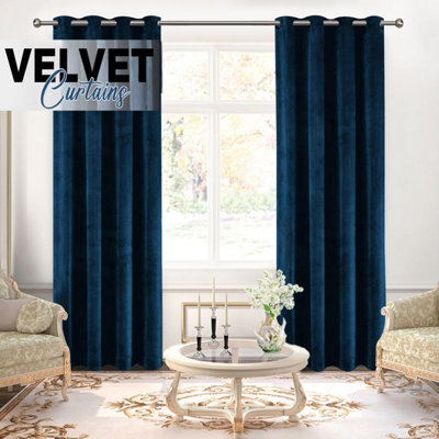 Ameha Navy Velvet Curtains Eyelet Blackout Thick Thermal Insulated Ready Made Ring Top Curtain Pair 66''x72'' For Living Room - image 1