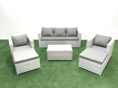 Fimous 7 Seater Rattan Garden Furniture Set 3 Seater Sofa 2 Chair Rectangular Coffee Table 2 Big Stools Light Grey - image 1