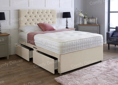 Comfy Deluxe 2Ft6 Small Single Coffee  Plush Velvet Pocket Divan Bed & Chesterfield Headboard 2 Drawers Same Side