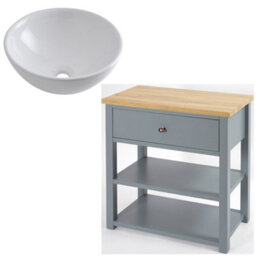 Homestylestore 840mm Light Grey And Oak Bathroom Vanity Unit With Round Countertop Basin And Bronze Round Handle