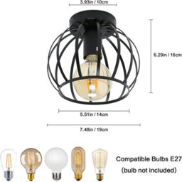 Pheashine Black Vintage Ceiling Light Semi-Flush Mount With Metal Cage E27 Holder - thumbnail 5