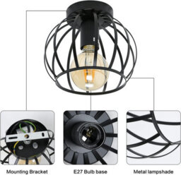 Pheashine Black Vintage Ceiling Light Semi-Flush Mount With Metal Cage E27 Holder - thumbnail 4
