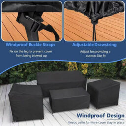 Set Of 4 Waterproof Garden Furniture Covers - 210D Oxford Windproof With Drawstrings Black Rectangular - thumbnail 3