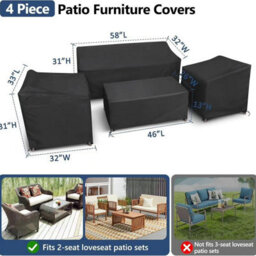 Set Of 4 Waterproof Garden Furniture Covers - 210D Oxford Windproof With Drawstrings Black Rectangular - thumbnail 2