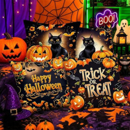Amorly 4 Pack Black Cat&pumpkin Halloween Throw Pillow Covers,18, Happy Halloween Single Sided 2D Print Spooky Cushion Cases For Couch - thumbnail 3