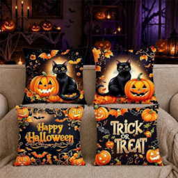 Amorly 4 Pack Black Cat&pumpkin Halloween Throw Pillow Covers,18, Happy Halloween Single Sided 2D Print Spooky Cushion Cases For Couch - thumbnail 2