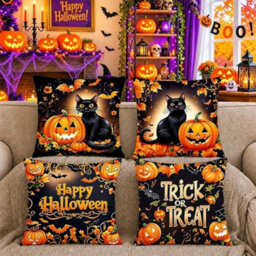 Amorly 4 Pack Black Cat&pumpkin Halloween Throw Pillow Covers,18, Happy Halloween Single Sided 2D Print Spooky Cushion Cases For Couch - thumbnail 4