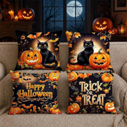 Amorly 4 Pack Black Cat&pumpkin Halloween Throw Pillow Covers,18, Happy Halloween Single Sided 2D Print Spooky Cushion Cases For Couch - thumbnail 1