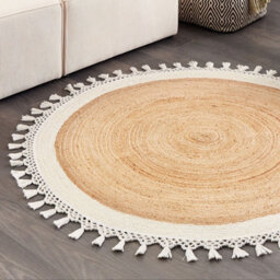 Wyld And Coco Round Jute Rug 140Cm Beige White Handwoven Braided Spiral - Boho Flat Woven Accent Rug - thumbnail 2