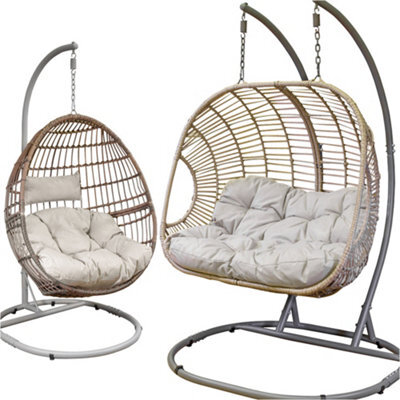 Loops 2Pc Garden Hanging Egg Chair Set - Rattan Wicker - Single & Double Outdoor Swing - image 1