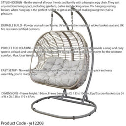 Loops 2Pc Garden Hanging Egg Chair Set - Rattan Wicker - Single & Double Outdoor Swing - thumbnail 3