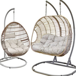 Loops 2Pc Garden Hanging Egg Chair Set - Rattan Wicker - Single & Double Outdoor Swing - thumbnail 1