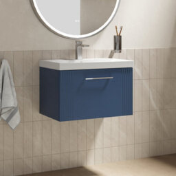 Balterley Belvide Partial Fluted 1 Drawer Wall Hung Vanity Unit With 1 Tap Hole Thin-Edge Basin- 600mm - Satin Blue - thumbnail 4