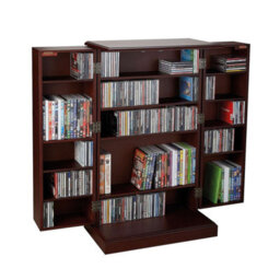Double Media Storage Cabinet - Mahogany Wood, Adjustable Shelves, Holds 578 Cds