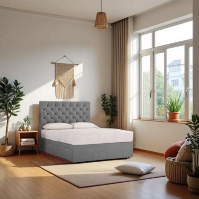 "Knight Sleep Athens Charcoal Plush 4Ft6 Bed Set With Mattress, 2 Drawers Same Side & 24""headboard - Double" - image 1