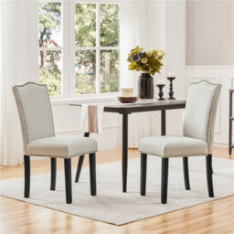 Yaheetech Set Of 2 Beige Modern Fabric Upholstered Dining Chairs With Nailhead Trim