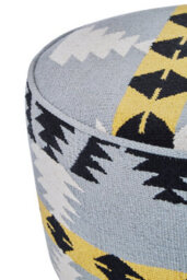 Orsina Round Footstool With Geometric Pattern, Mango Wood Legs Pouffe For Living Room, Multicoloured Fabric Ottoman - thumbnail 5