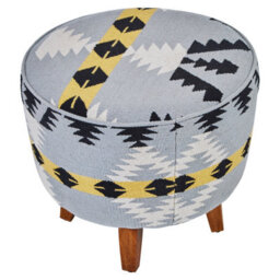 Orsina Round Footstool With Geometric Pattern, Mango Wood Legs Pouffe For Living Room, Multicoloured Fabric Ottoman - thumbnail 2
