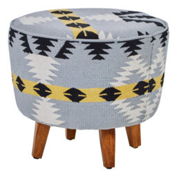 Orsina Round Footstool With Geometric Pattern, Mango Wood Legs Pouffe For Living Room, Multicoloured Fabric Ottoman