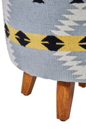 Orsina Round Footstool With Geometric Pattern, Mango Wood Legs Pouffe For Living Room, Multicoloured Fabric Ottoman - thumbnail 4