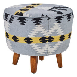 Orsina Round Footstool With Geometric Pattern, Mango Wood Legs Pouffe For Living Room, Multicoloured Fabric Ottoman - thumbnail 3