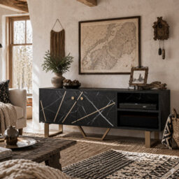 Wyld Haus Vinika 110Cm Black Marble-Tone Tv Console With Shelves And Cupboard - Fits Up To 50 Inch Screens - thumbnail 1