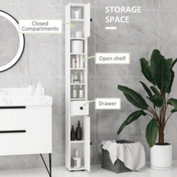 White Tall Bathroom Cabinet Slim Storage Cupboard Shelves Narrow - thumbnail 4
